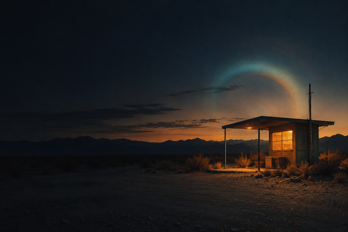A warm-lit desert outpost beneath a cyan and orange afterimage halo at dusk.