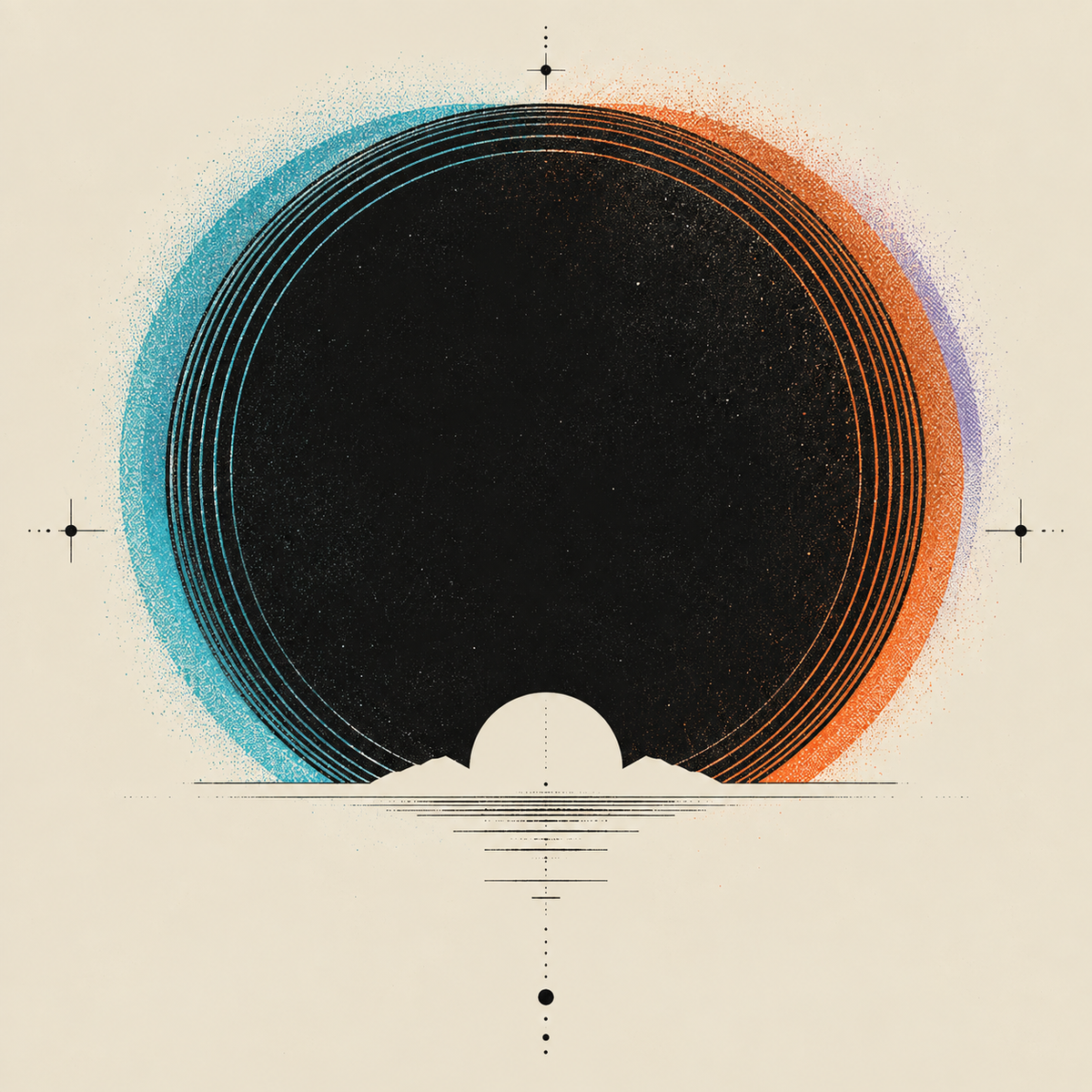 Retinal Eclipse: a black eclipse with cyan and burnt-orange ghost rings on bone.